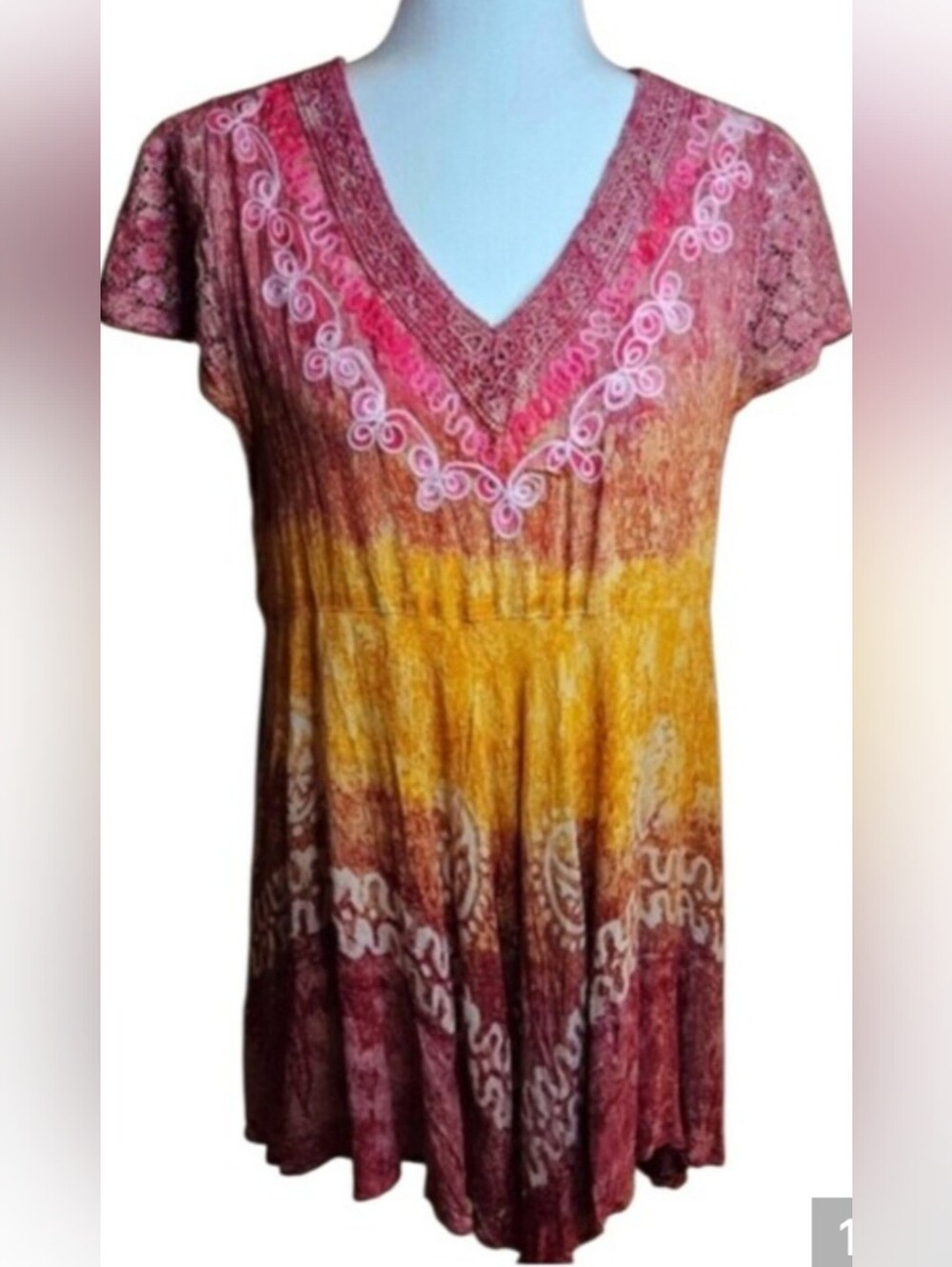 NWT Shoreline Boho Embroidered Tie Dye Tunic Dress 2XL Fits M/L Pink Yellow